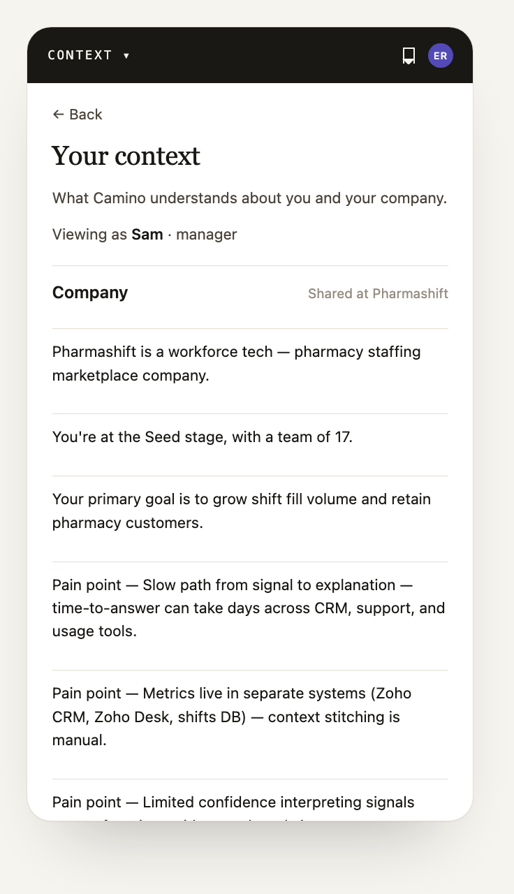 Your context — what Camino knows about you and your company